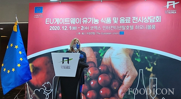 마리아 카스티요 페르난데즈 신임 주한 EU대사가 1일 EU Gateway '유기농 식품 및 음료 전시상담회' 개막식에서 인사말을 하고 있다.